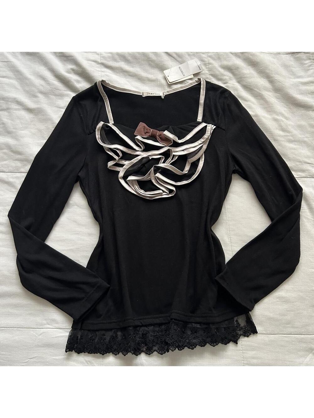 Axes Femme Black Ruffle Bow Lace Hem Long Sleeve Top Medium NWT Japan